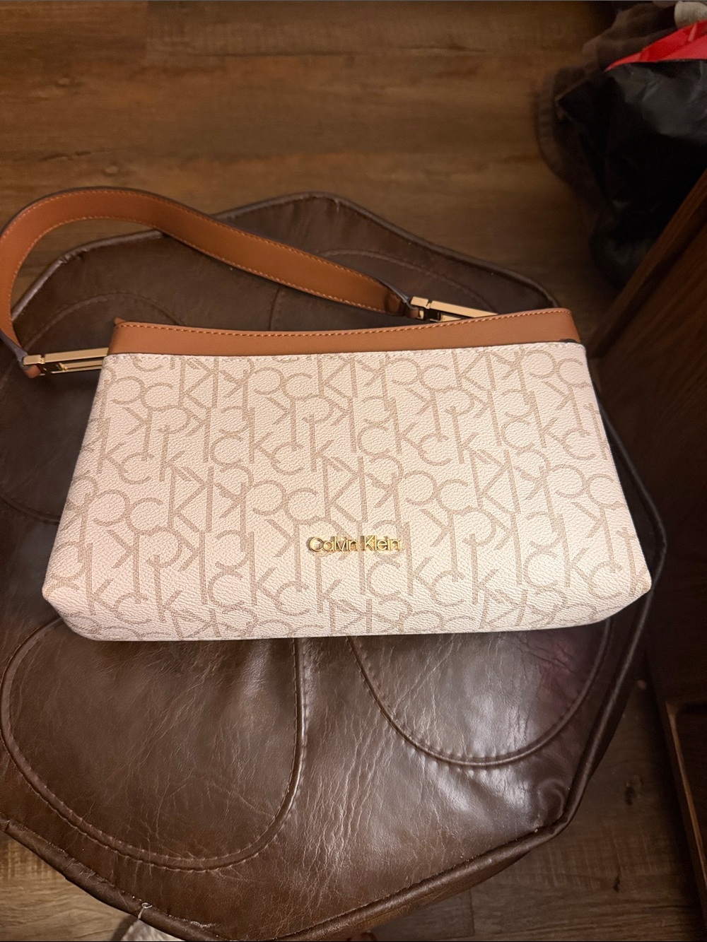 Calvin Klein Cream Monogram Shoulder Bag with Tan Trim
